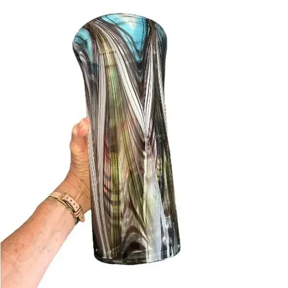 Murano Glassware Tall Brown White Blue Hand Blown Glass Vase